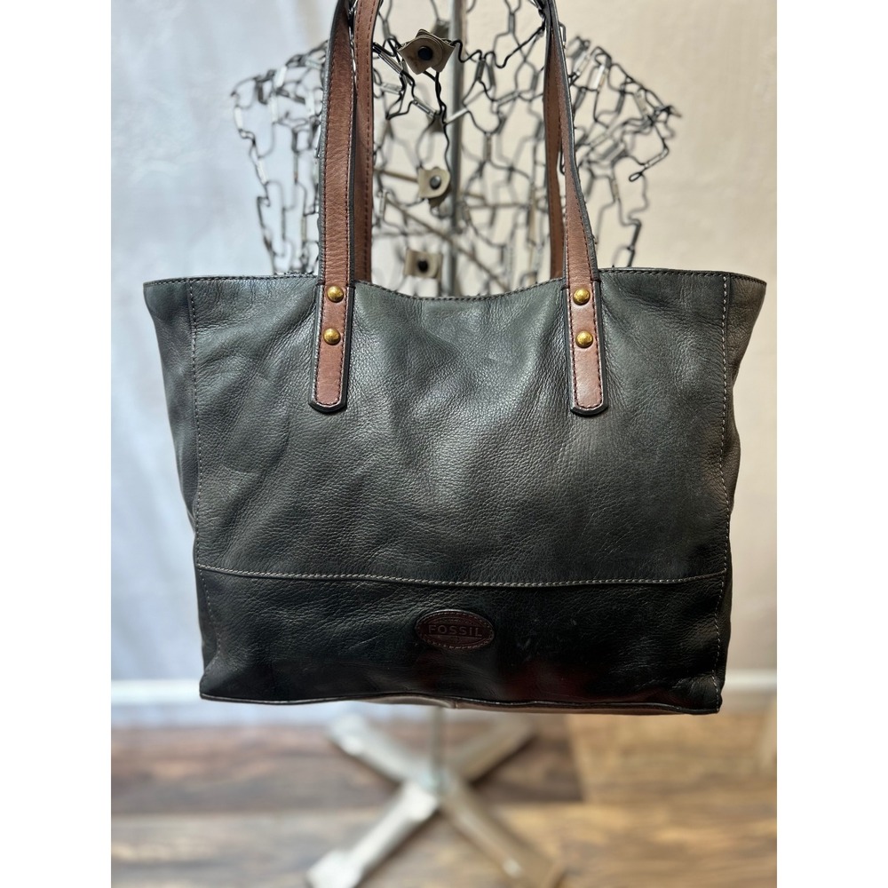 Fossil Black Pebbled Leather Tote Bag Brown Straps Brass Hardware Large‎ Shopper